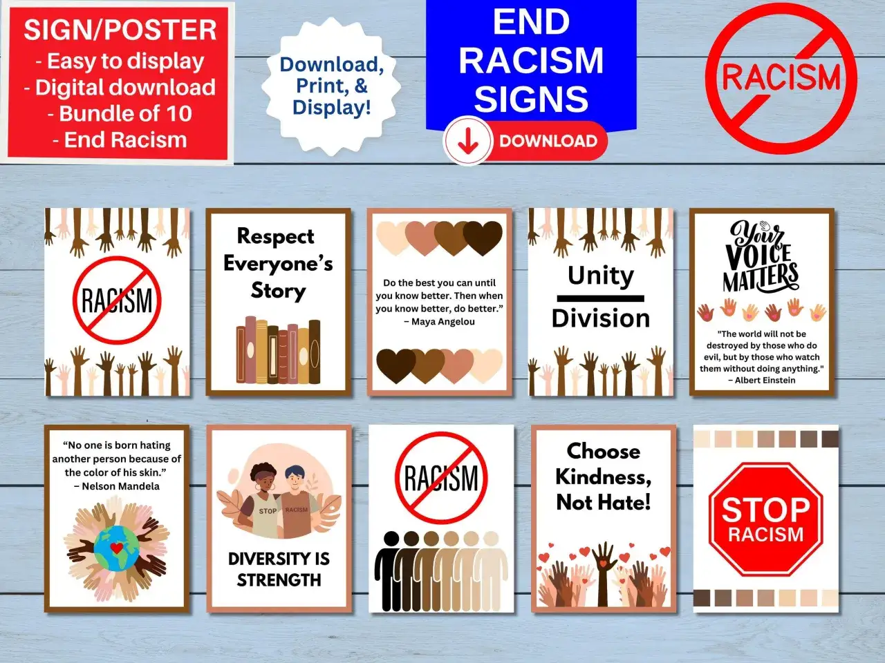 Colecci&oacute;n de carteles con frases contra el racismo, mostrando diversidad, unidad y mensajes de respeto.