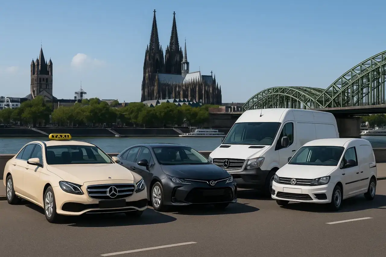 Mehrere Fahrzeuge, darunter ein Taxi, ein dunkles Auto und zwei wei&szlig;e Transporter, stehen vor dem K&ouml;lner Dom und der Hohenzollernbr&uuml;cke.