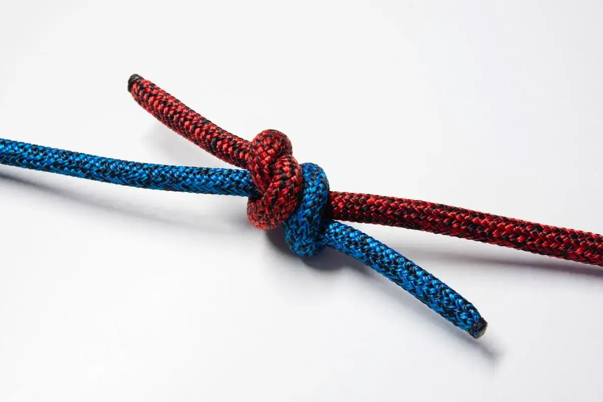 Deux cordes, une bleue et une rouge, sont reliées par des nœuds bateau.