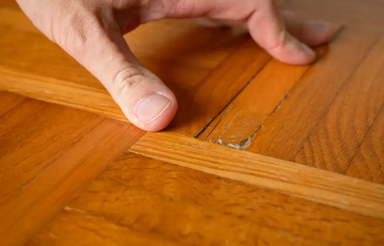 Dito un dito indica una crepa nel parquet, un problema comune per la riparazione parquet sollevato fai da te.