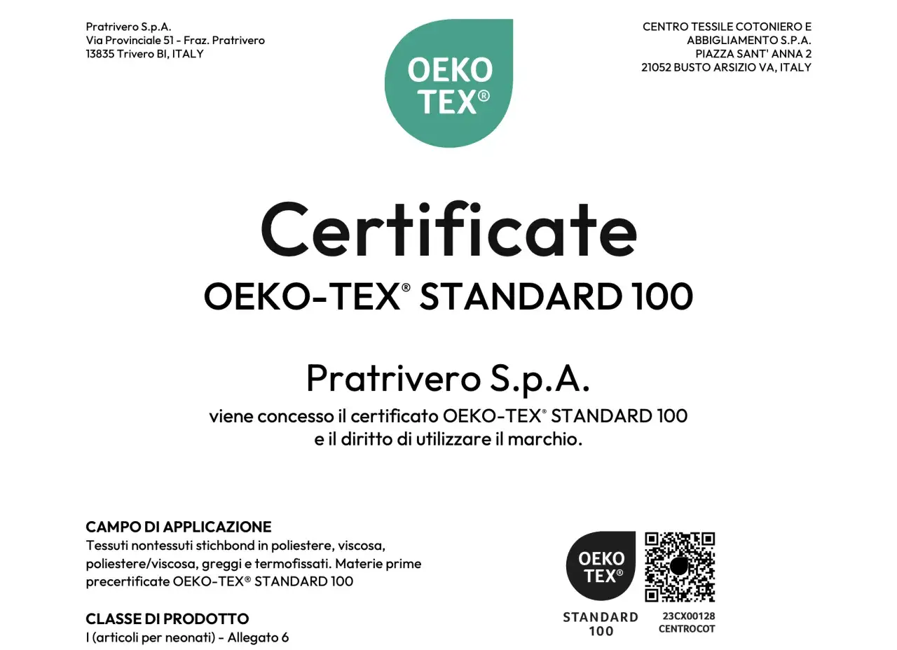 Certificato OEKO-TEX&reg; STANDARD 100 per Pratrivero S.p.A. che attesta la sicurezza dei tessuti per neonati.