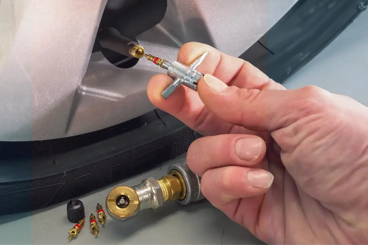 Main d'un m&eacute;canicien utilisant un outil pour changer une valve de pneu de voiture. Plusieurs valves de rechange sont visibles.
