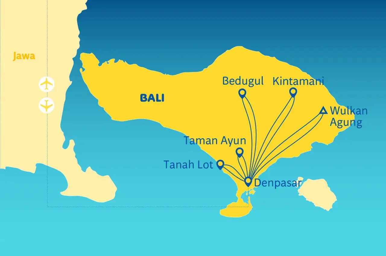 Mapa z planem zwiedzania Bali: loty z Jawy, punkty: Denpasar, Tanah Lot, Taman Ayun, Bedugul, Kintamani, Wulkan Agung.