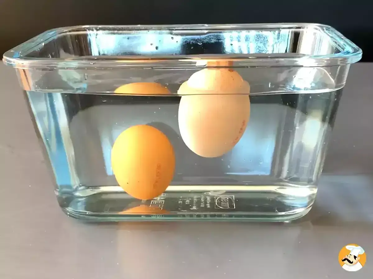 Test dell'acqua per capire se le uova sono buone: un uovo affonda, uno galleggia leggermente, uno è quasi in superficie.