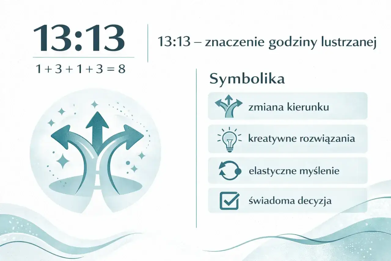 13:13 – znaczenie godziny lustrzanej. Symbolika: zmiana kierunku, kreatywne rozwiązania, elastyczne myślenie, świadoma decyzja.