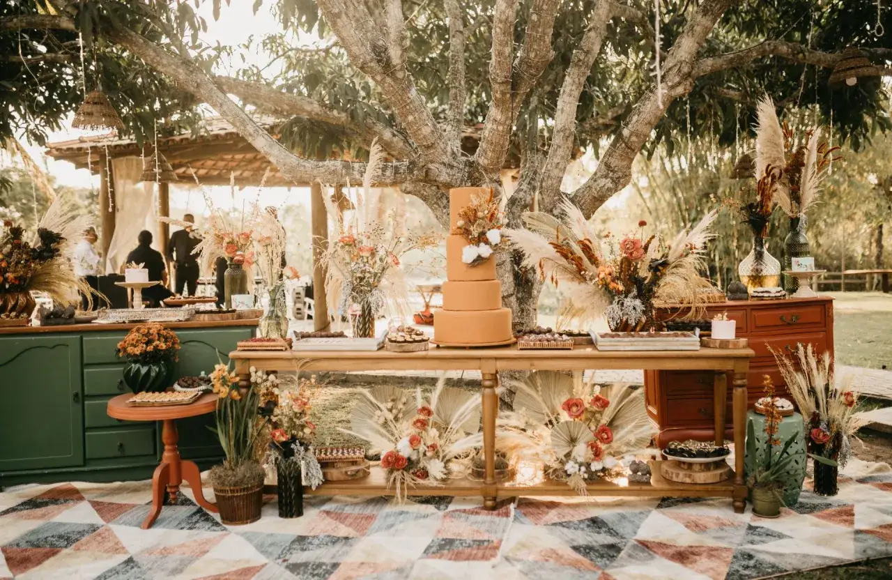 Un magnifique buffet de mariage th&egrave;me automne, avec un g&acirc;teau orange, des fleurs s&eacute;ch&eacute;es et des pampas sous un grand arbre.