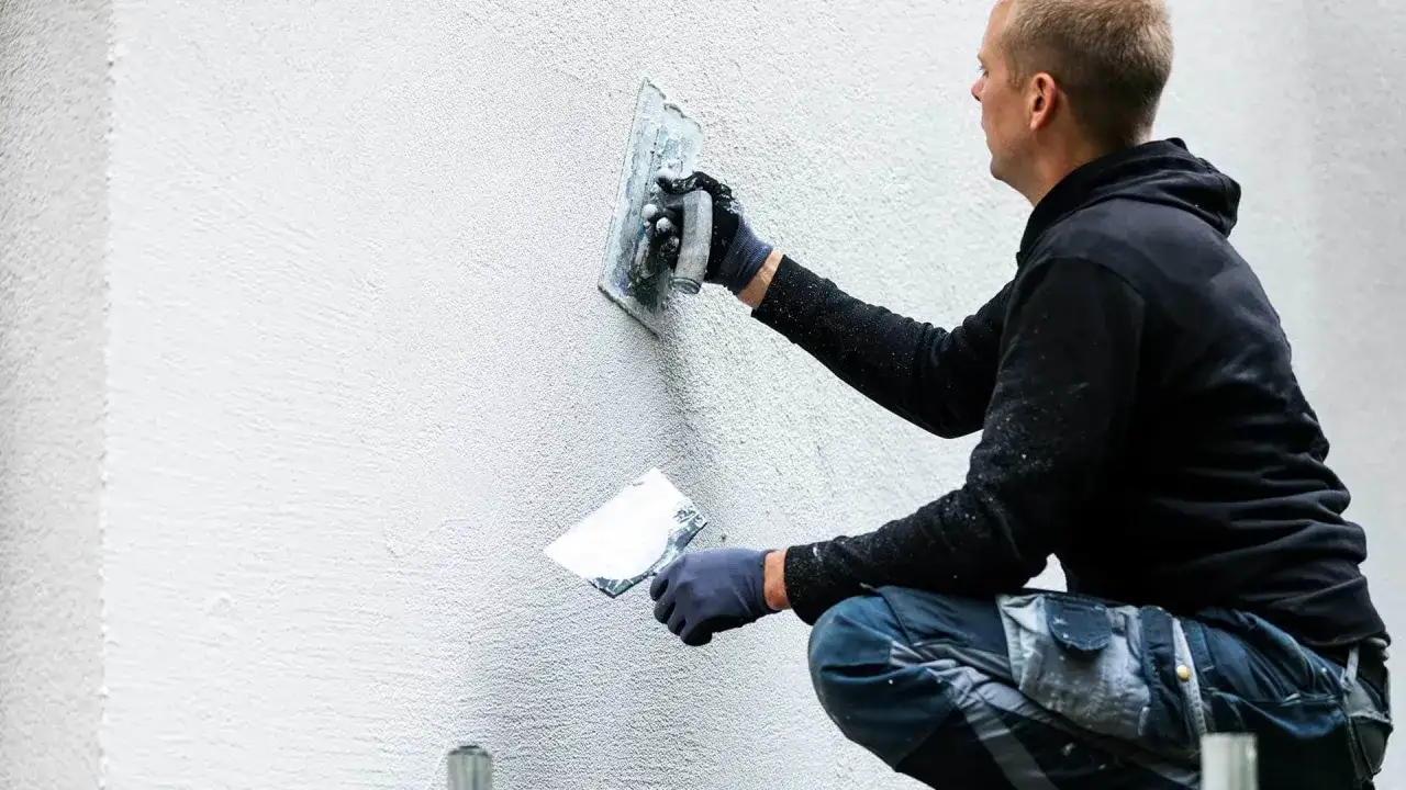 Murarz nakłada tynki bez gładzi na ścianę, tworząc rustykalną fakturę.