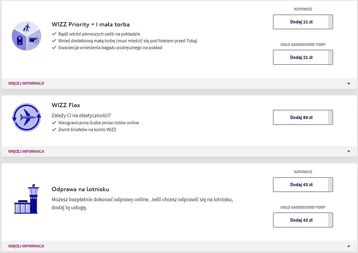 WIZZ Priority kosztuje 21 zł, WIZZ Flex 86 zł. Sprawdź, ile kosztuje przebukowanie biletu Wizzair i inne opcje.
