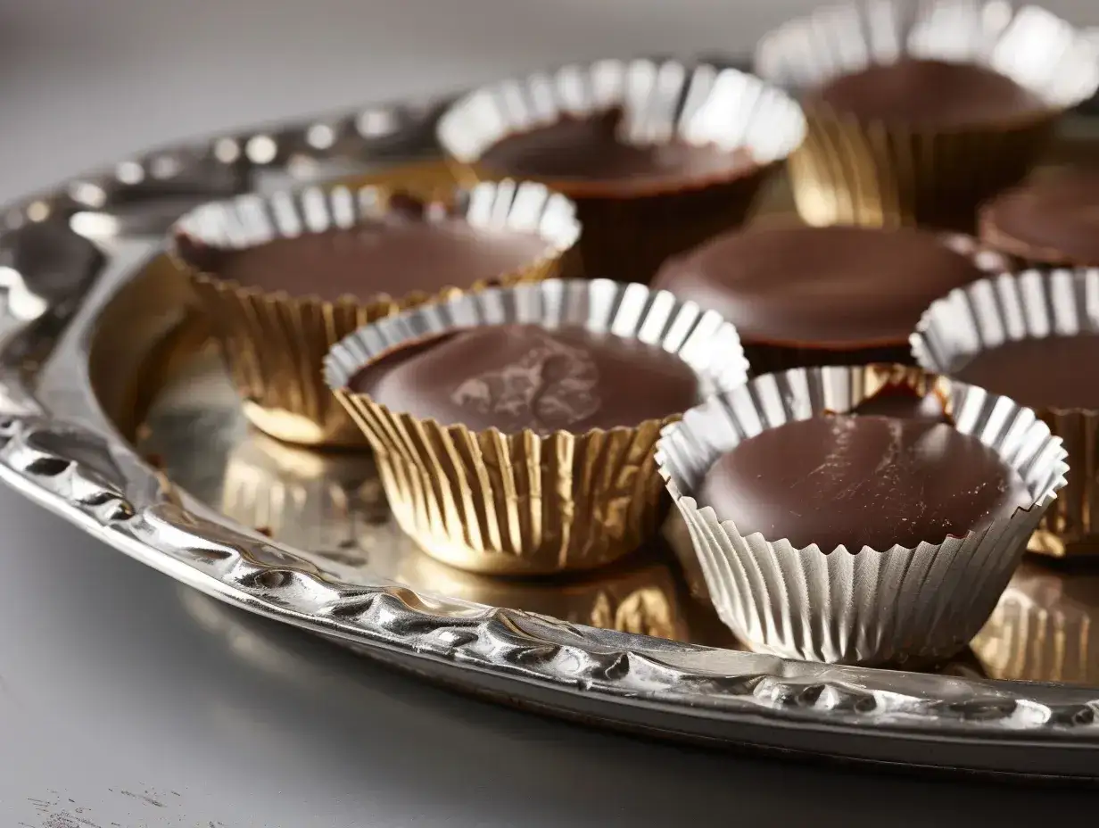 En bricka med hemgjorda ischokladpraliner i guldfärgade formar. Perfekt för ett enkelt ischoklad recept.