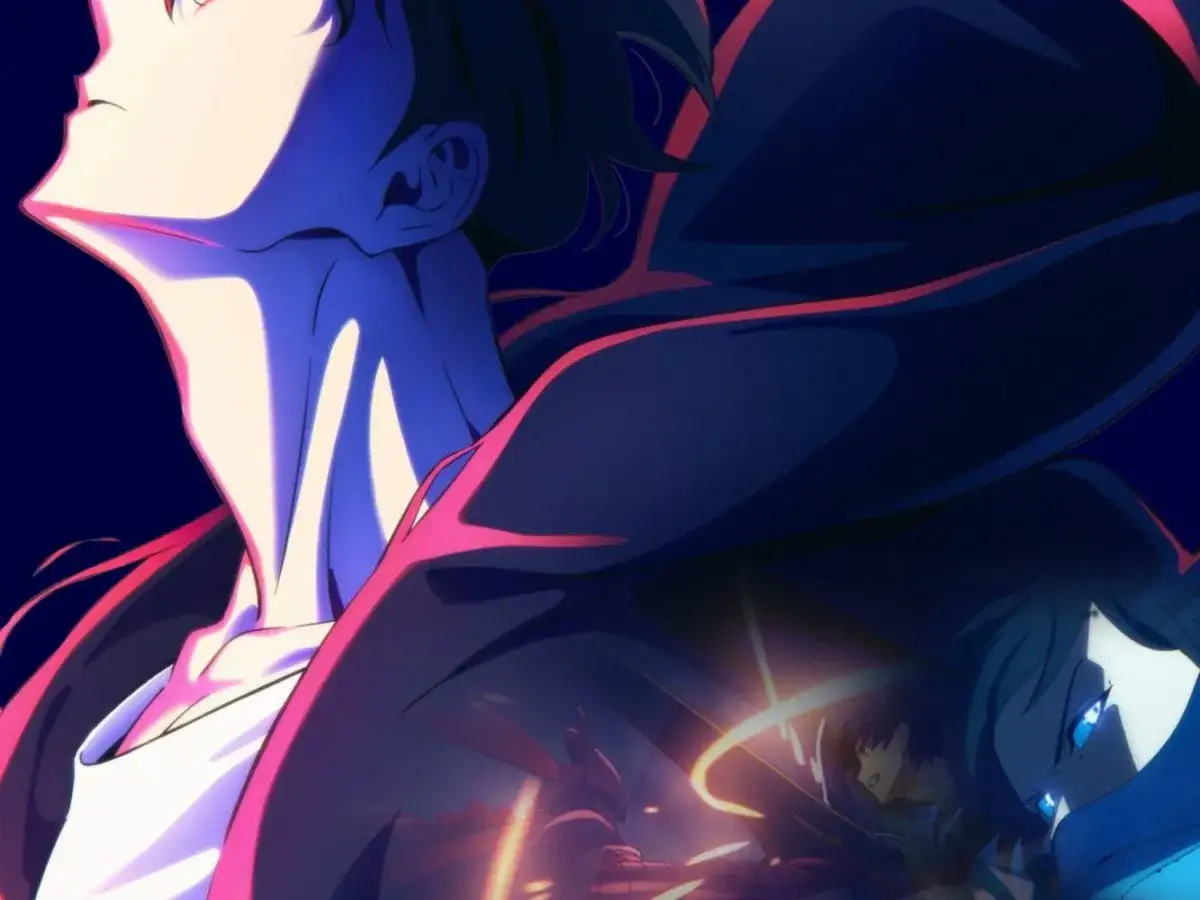 Anime-Stil-Poster für den Solo Leveling Film. Ein Mann blickt nach oben, während darunter eine Kampfszene mit einer Frau und einem Mann zu sehen ist.
