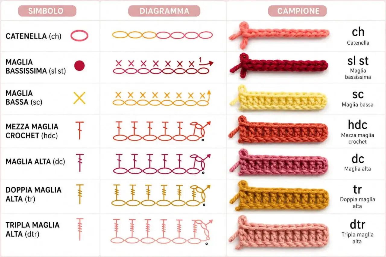 Guida ai diversi tipi di uncinetto: simboli, diagrammi e campioni di maglia.