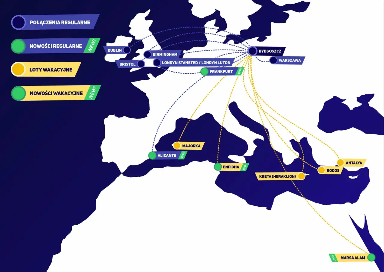 Mapa pokazuje połączenia lotnicze z Warszawy do Alicante i innych miast Europy oraz Afryki Północnej.