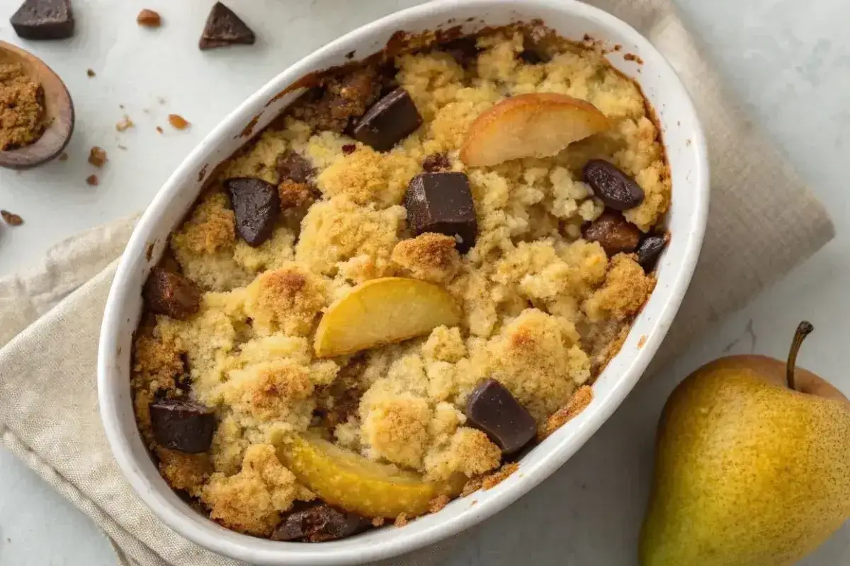 Un délicieux crumble poire chocolat, avec des morceaux de poire fondante et de chocolat noir, le tout recouvert d'une pâte croustillante.