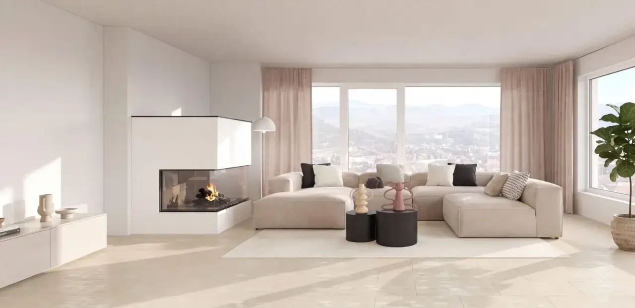 Gemütliches kleines Kaminzimmer einrichten: Eckkamin, beiges Sofa, große Fenster mit Blick auf die Stadt und Berge, dezente Deko.