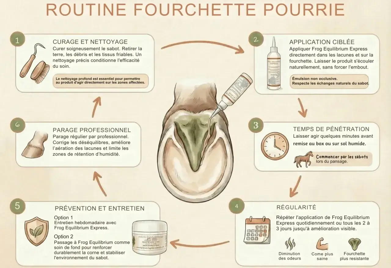Routine pour fourchette pourrie : nettoyage, application ciblée de Frog Equilibrium Express, temps de pénétration, régularité, prévention et entretien, parage professionnel.
