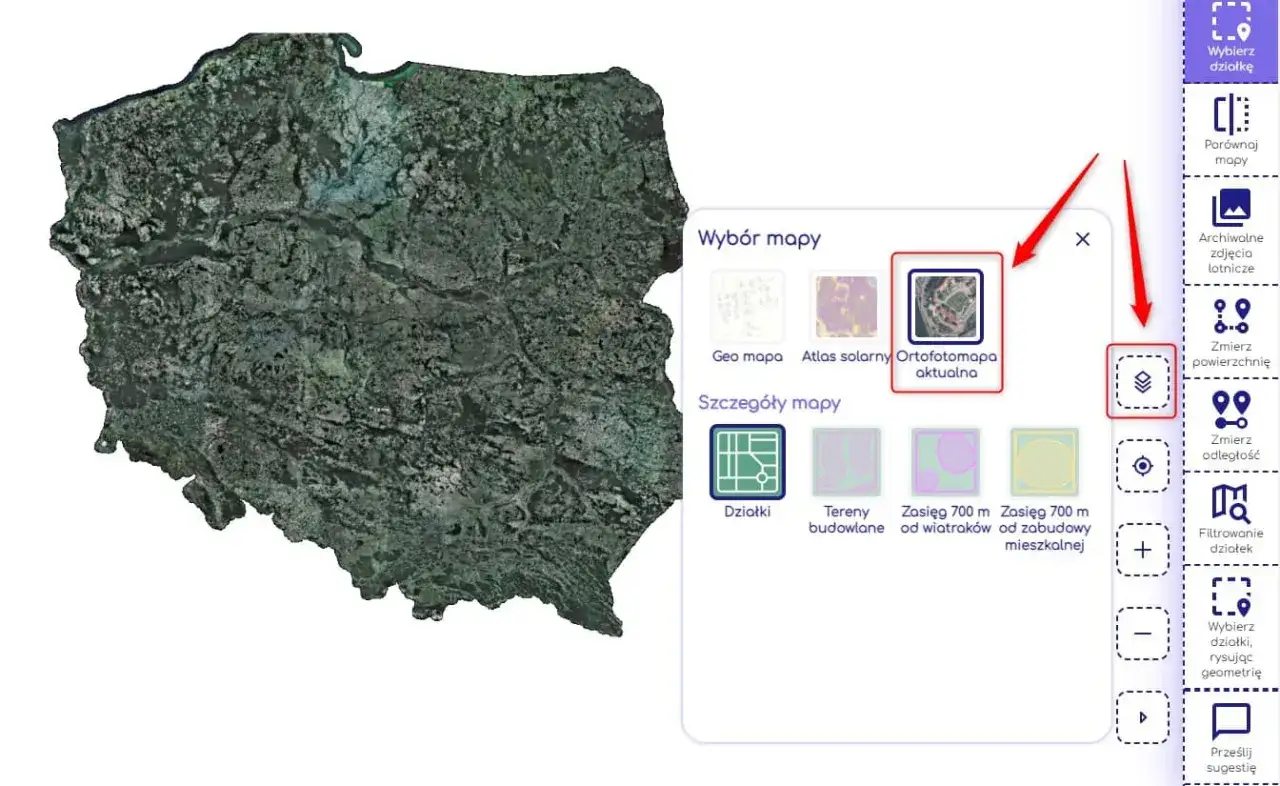 Interfejs mapy satelitarnej Polski z opcją