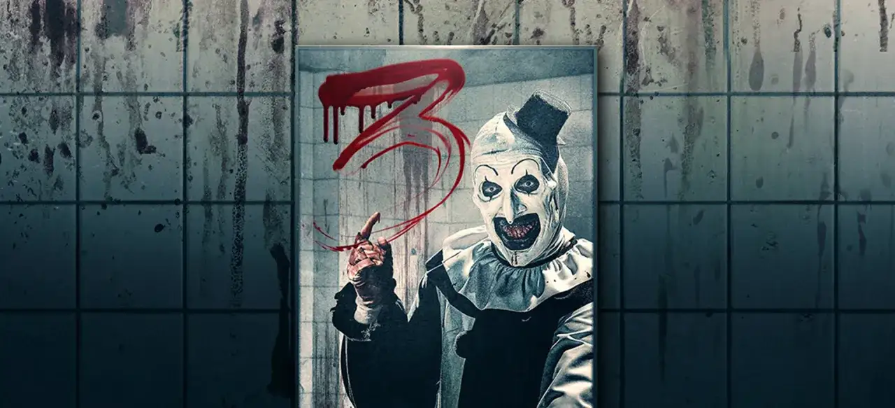 Przerażający klaun Art z krwawą trójką na plakacie zapowiada powrót do kina w Terrifier 3.