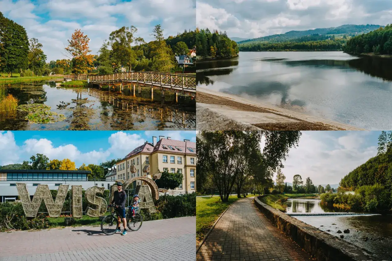 Atrakcje Wisła i okolice: malowniczy park z mostkiem, jezioro, napis WISŁA z rowerzystami, ścieżka nad rzeką.