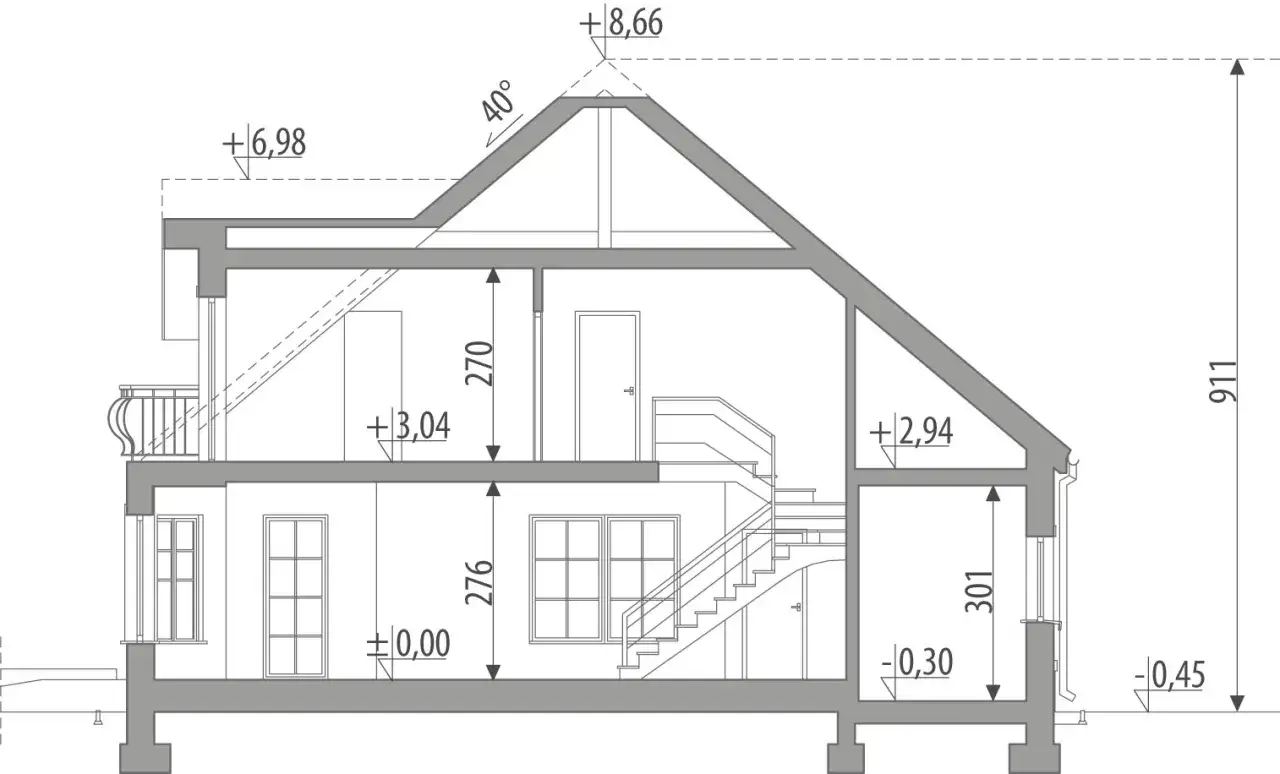 Przekrój budynku z wymiarami i kątami, stanowiący część projektu architektoniczno budowlanego.