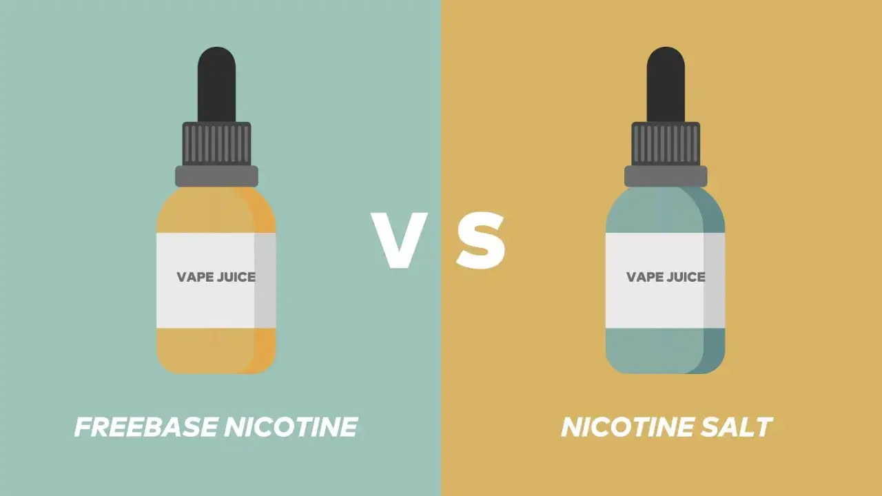Dos botellas de vape juice: una con nicotina freebase y otra con nicotina salt.