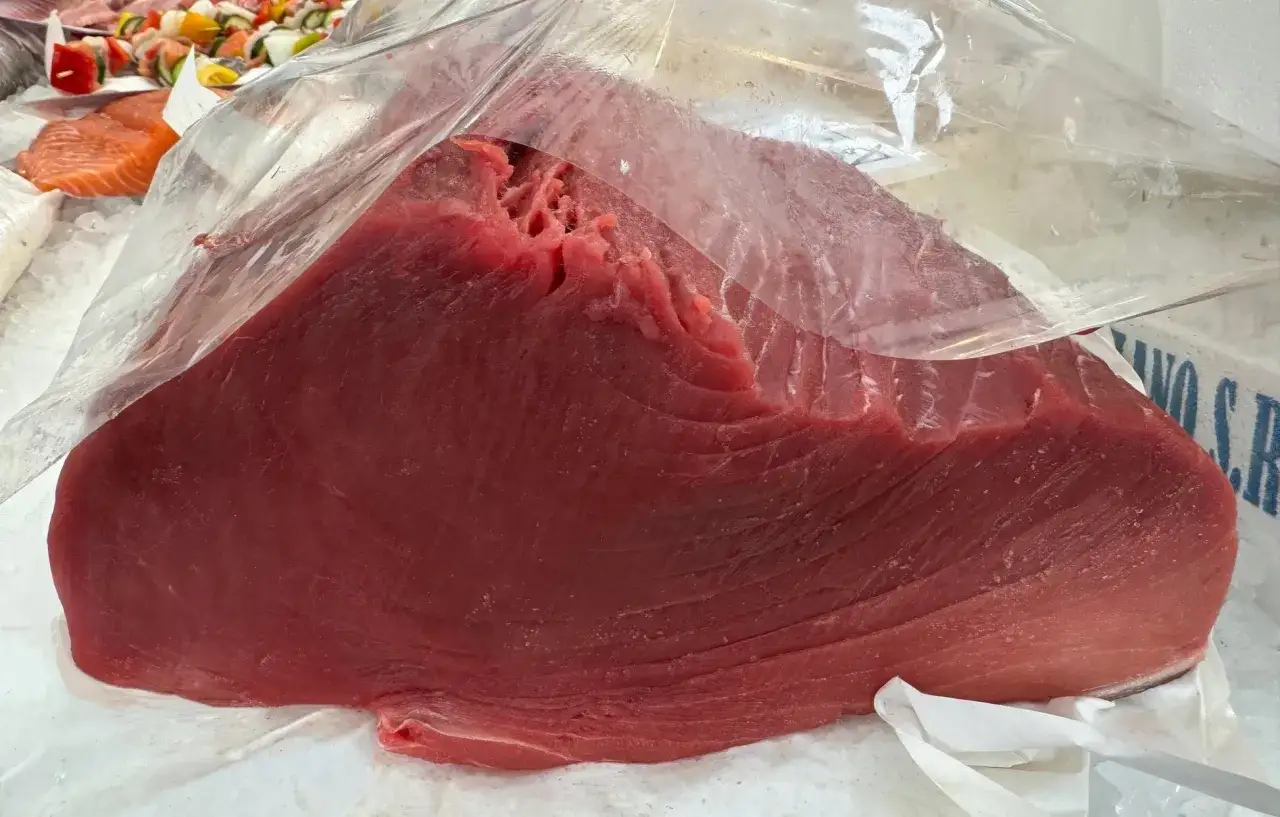 Un grande trancio di una specie di tonno rosso vivo, avvolto in plastica, pronto per essere preparato.