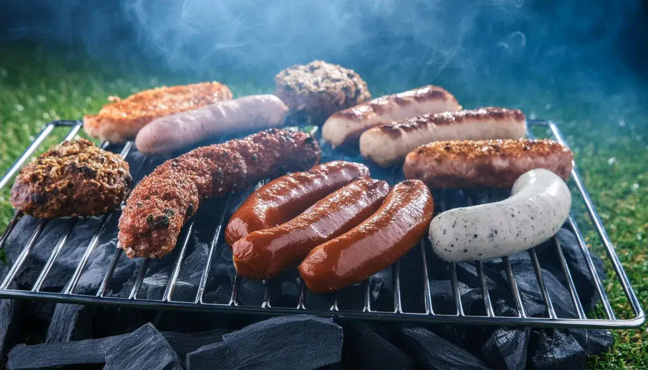 Verschiedene Bratwürste und Fleischstücke brutzeln auf einem Grill über glühender Kohle. Rauch steigt auf und umhüllt die saftigen Leckereien.