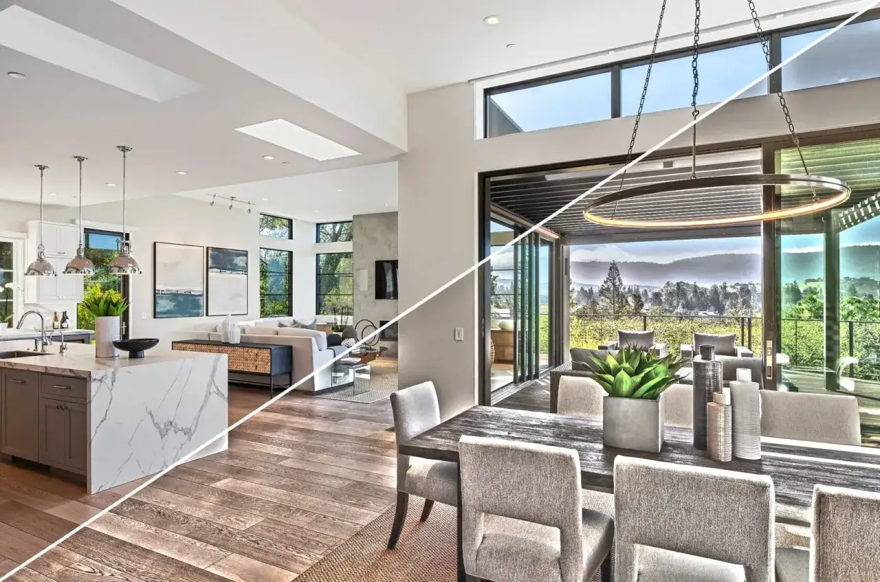 Intérieur moderne avec cuisine, salon et salle à manger ouverts sur un paysage. Le HDR, c'est quoi ? Une image qui capture les détails des zones claires et sombres.