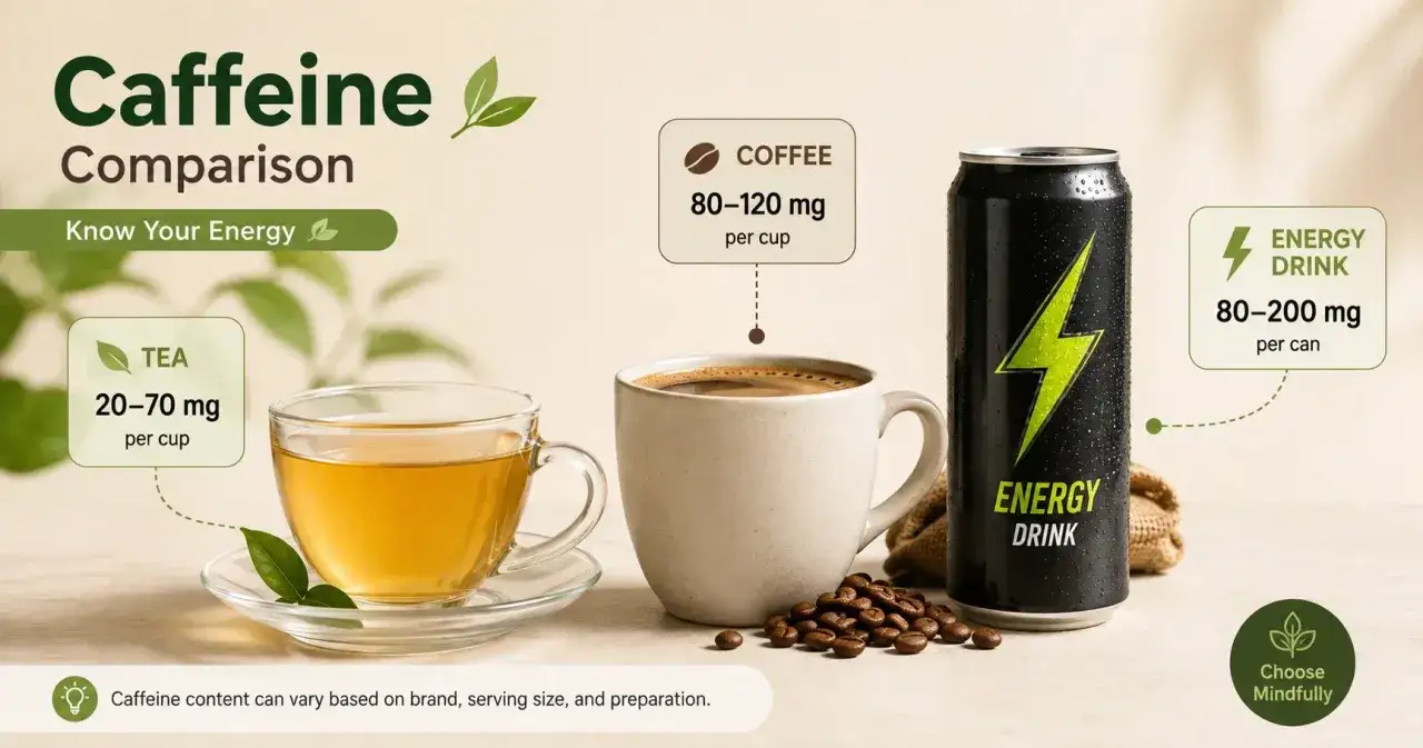 Porównanie kofeiny: herbata (20-70 mg), kawa (80-120 mg), napój energetyczny (80-200 mg). Co ma więcej kofeiny? Zależy od wyboru!