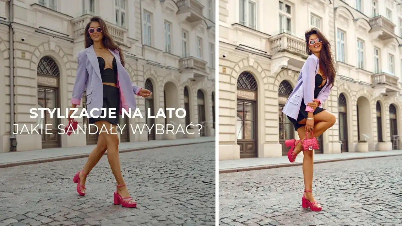 Kobieta w stylizacji na lato, prezentująca jakie buty na lato wybrać – różowe sandały na platformie i torebka.