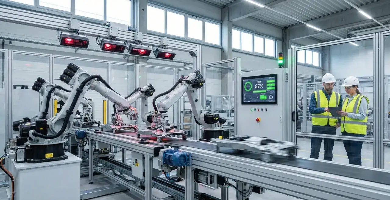 Roboty przemysłowe pracują na linii produkcyjnej, wspierając zaawansowaną automotive produkcję. Dwóch inżynierów monitoruje proces na ekranie.