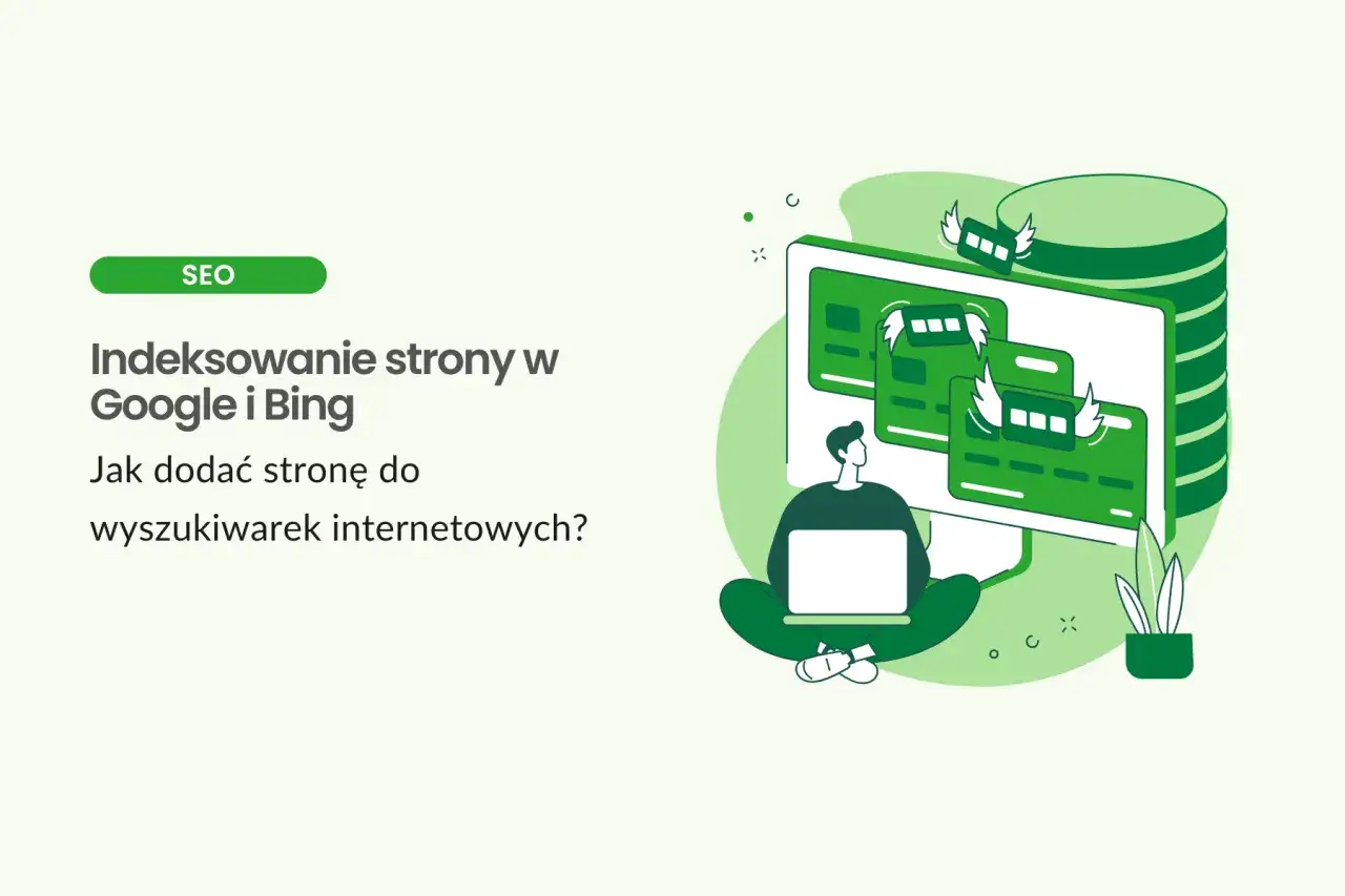 Człowiek z laptopem przy monitorze, na którym wyświetlają się karty płatnicze z ikonami skrzydeł. Jak dodać stronę do wyszukiwarek internetowych?