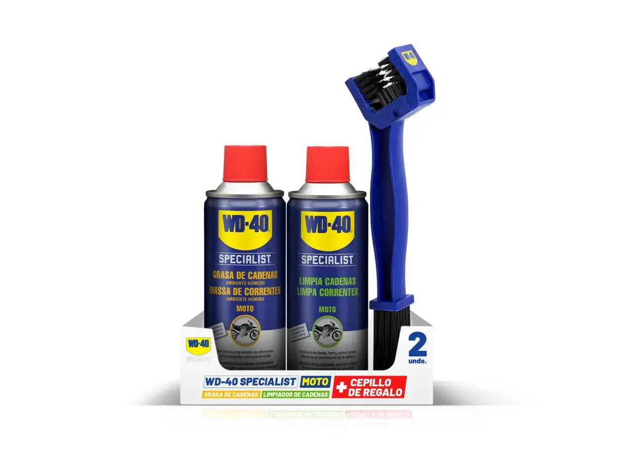 Kit WD-40 Specialist para limpiar cadena moto: limpiador, grasa y cepillo de regalo. &iexcl;Mant&eacute;n tu moto impecable!