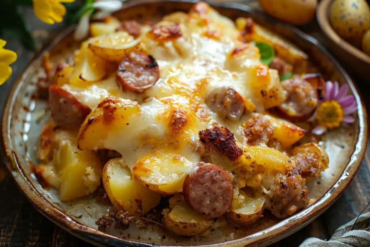 Un délicieux gratin de pommes de terre et saucisses, gratiné au fromage fondant, prêt à être dégusté.