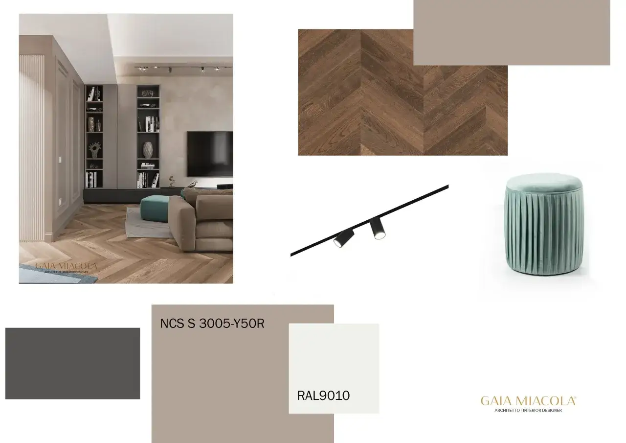 Moodboard per un soggiorno elegante: abbinamento tortora e grigio con parquet a spina di pesce, tessuti e campioni colore.