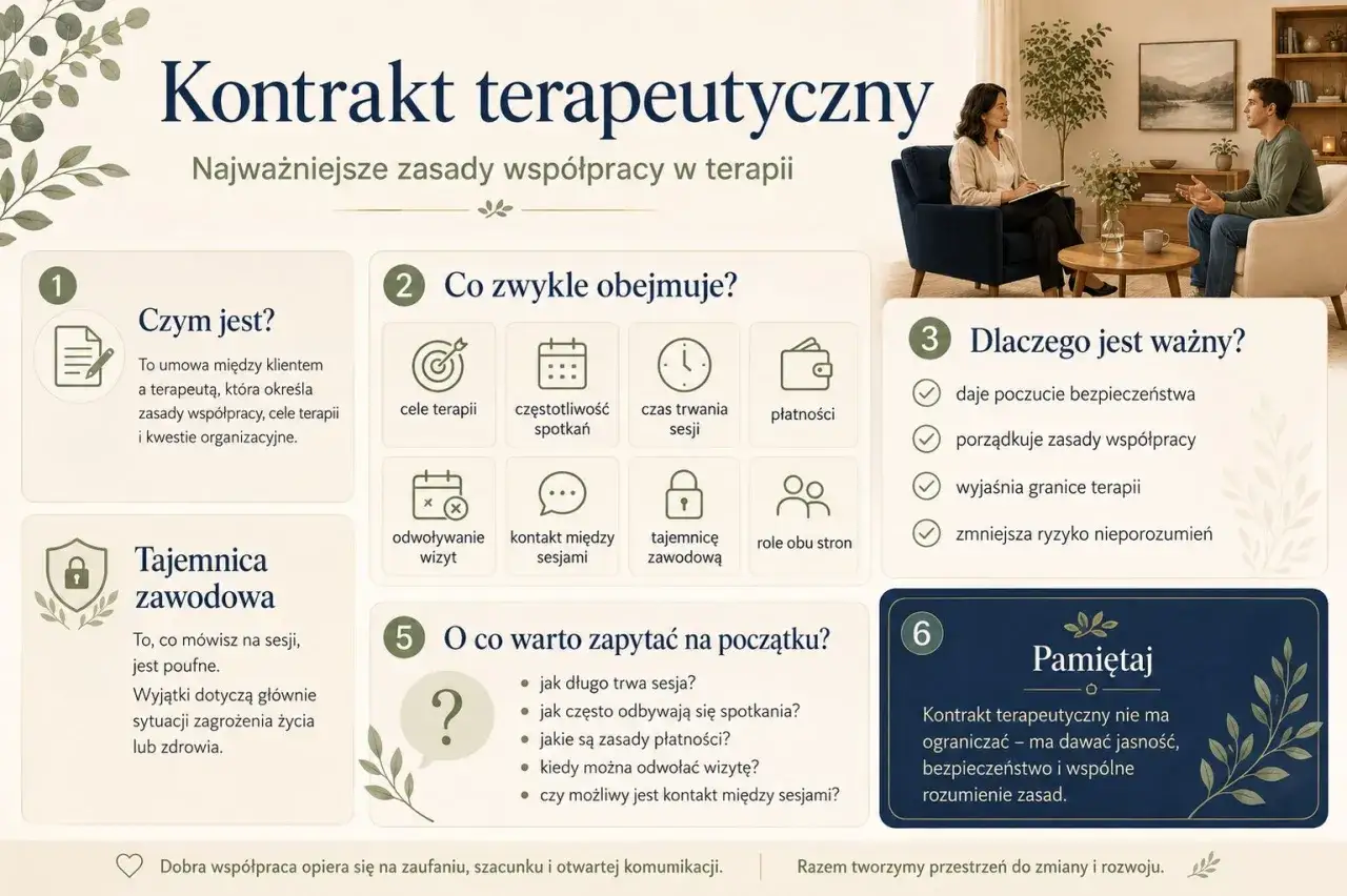 Kontrakt terapeutyczny: zasady współpracy, cele, poufność. Kluczowe dla bezpieczeństwa i jasności w procesie terapeutycznym.