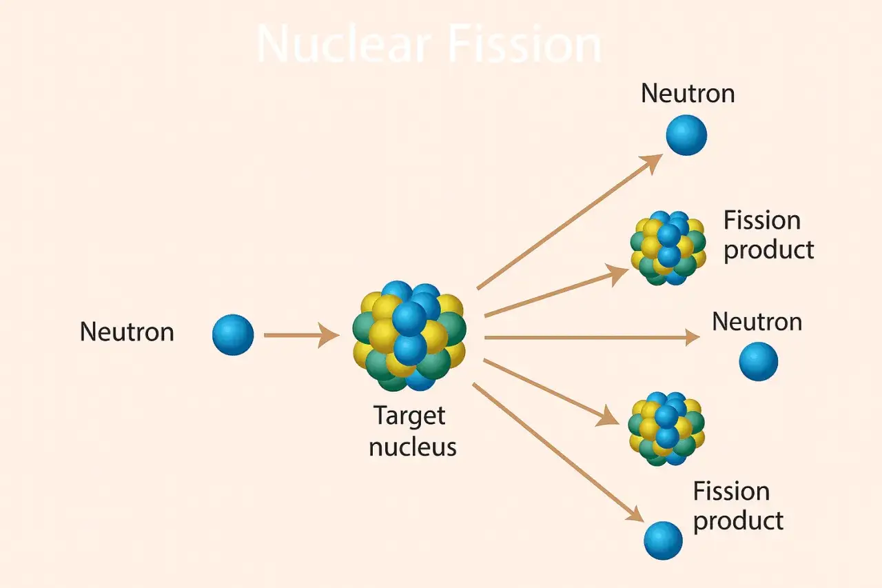 Rozszczepienie jądra atomowego: neutron uderza w jądro, powodując jego podział i uwolnienie energii, podobnie jak w bomba nuklearna.