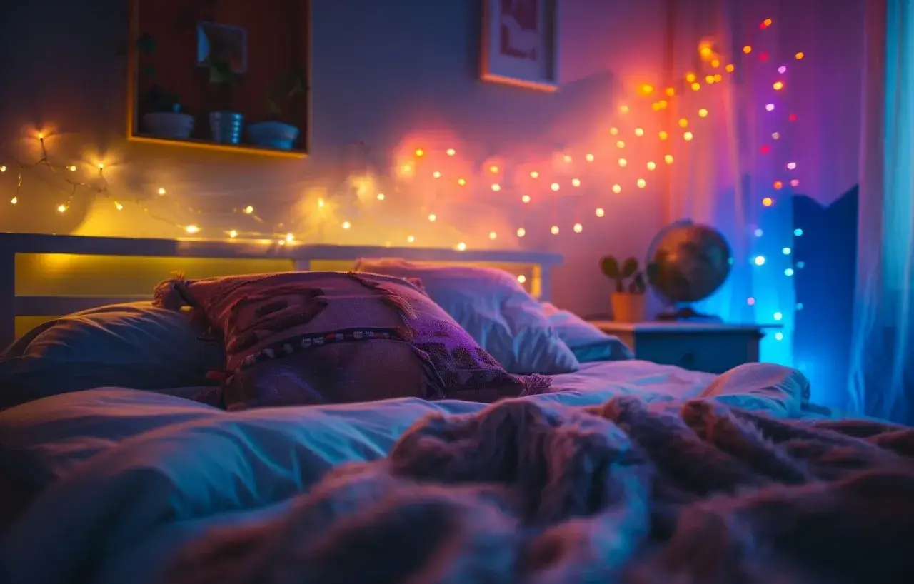 Gem&uuml;tliches Schlafzimmer mit Lichterkette. Ein kuscheliges Bett l&auml;dt zum Entspannen ein, vielleicht mit einem hausmittel besser schlafen.