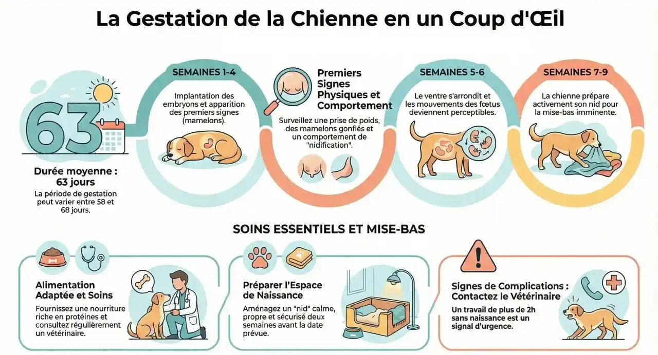 Illustration de la gestation canine, de la pr&eacute;paration du nid &agrave; la mise bas. La chienne se pr&eacute;pare activement.
