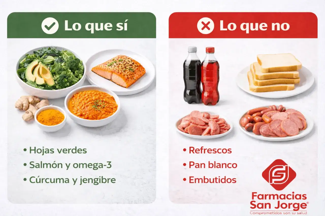 Alimentos que hinchan la barriga: evita refrescos, pan blanco y embutidos. Prefiere hojas verdes, salm&oacute;n, c&uacute;rcuma y jengibre.