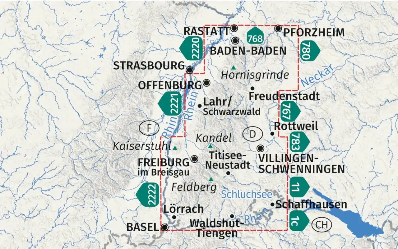 Carte touristique de la Forêt-Noire, montrant des villes comme Fribourg, Baden-Baden, et des rivières comme le Rhin.