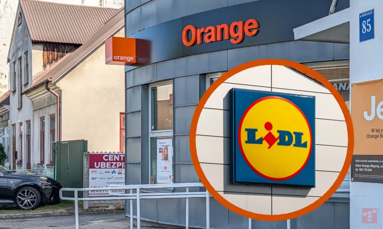 Salon Orange oferuje darmowy internet. Obok widoczny znak Lidl.