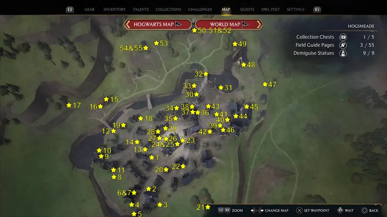 Mapa Hogsmeade z zaznaczonymi gwiazdkami miejscami do odkrycia, takimi jak skrzynie i strony przewodnika.