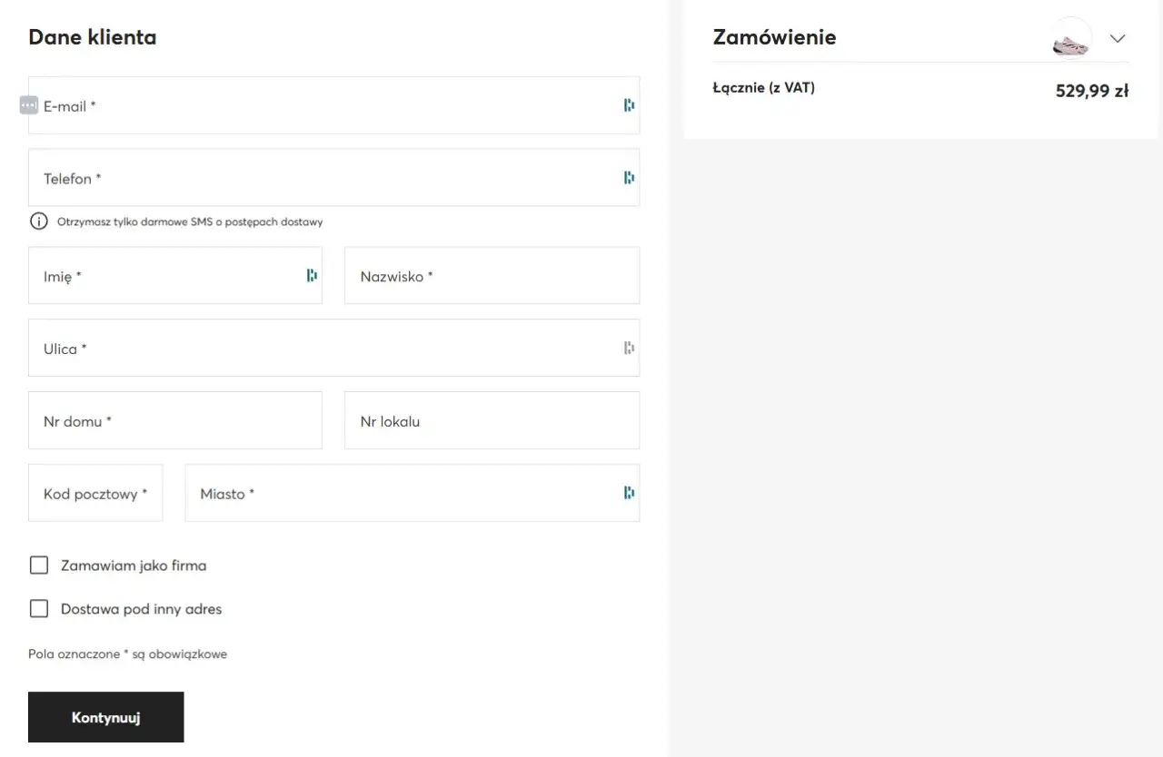 Formularz danych klienta i podsumowanie zam&oacute;wienia na stronie **woocommerce checkout**. Wpisz dane adresowe, aby dokończyć zakup.