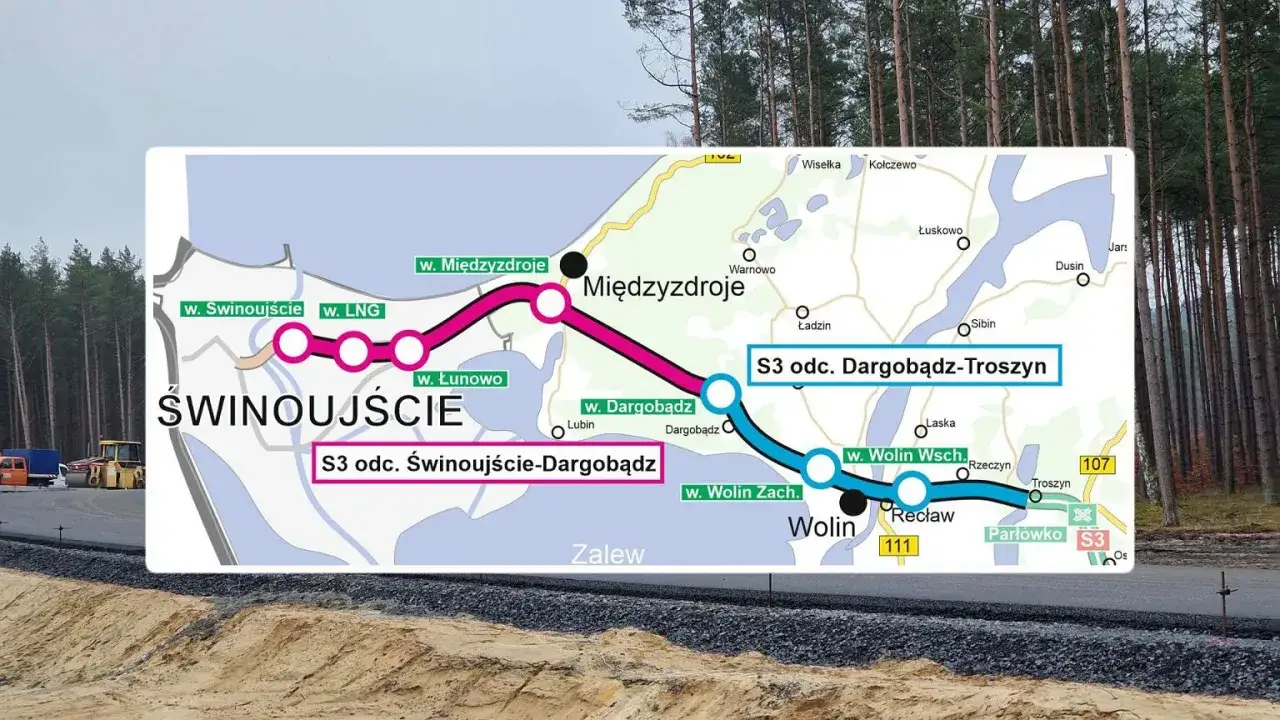 Mapa drogowa S3 pokazuje trasę od Świnoujścia do Troszyna. Odcinek Świnoujście-Dargobądz ma ok. 30 km.