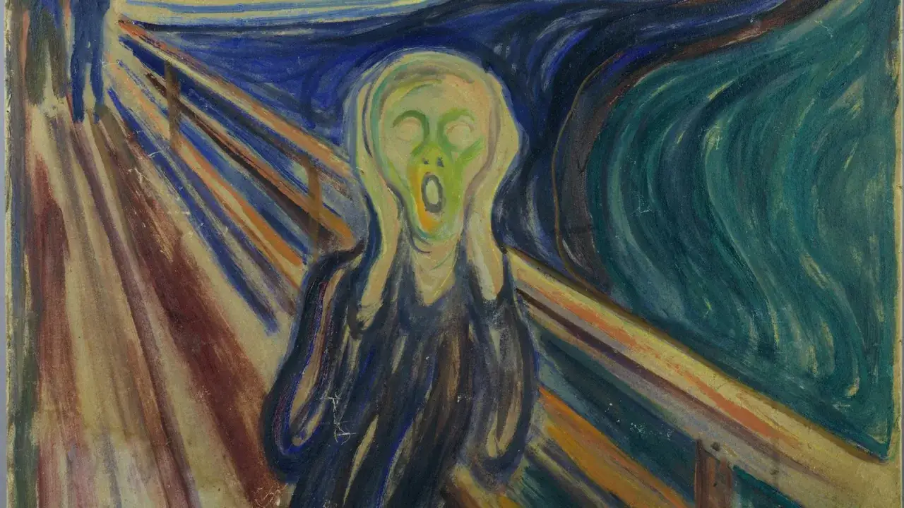 Ein schreiendes Gesicht vor einem wirbelnden Himmel. Ein ikonisches Werk des Expressionismus, das den Zeitgeist der Angst einf&auml;ngt.