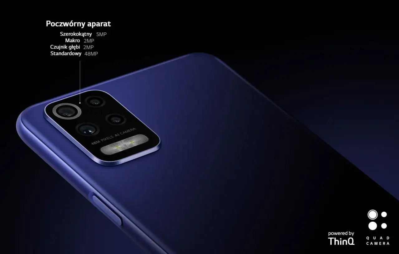 LG K52 dane techniczne: poczw&oacute;rny aparat 48MP, szerokokątny 5MP, makro 2MP, czujnik głębi 2MP.
