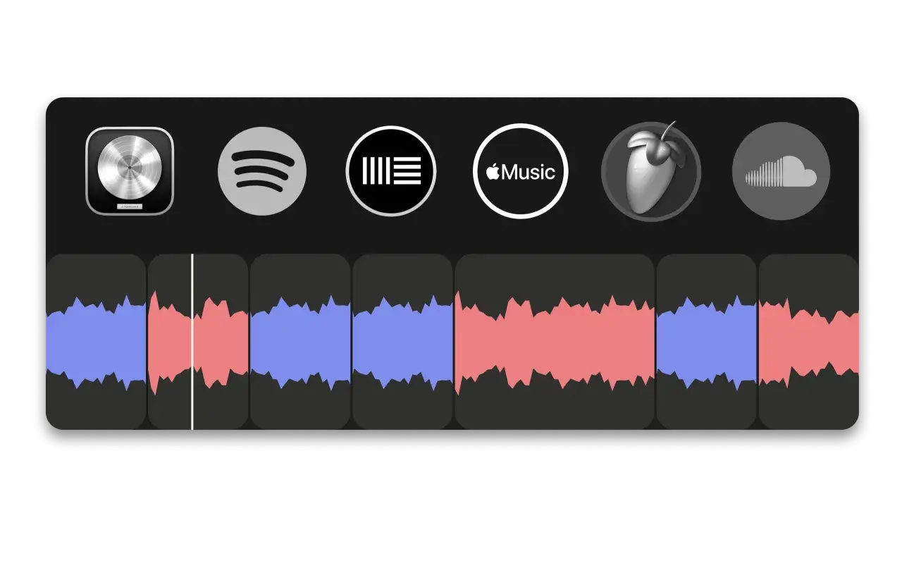 Ikony serwis&oacute;w muzycznych i fragmenty fal dźwiękowych, jak w koala sampler.