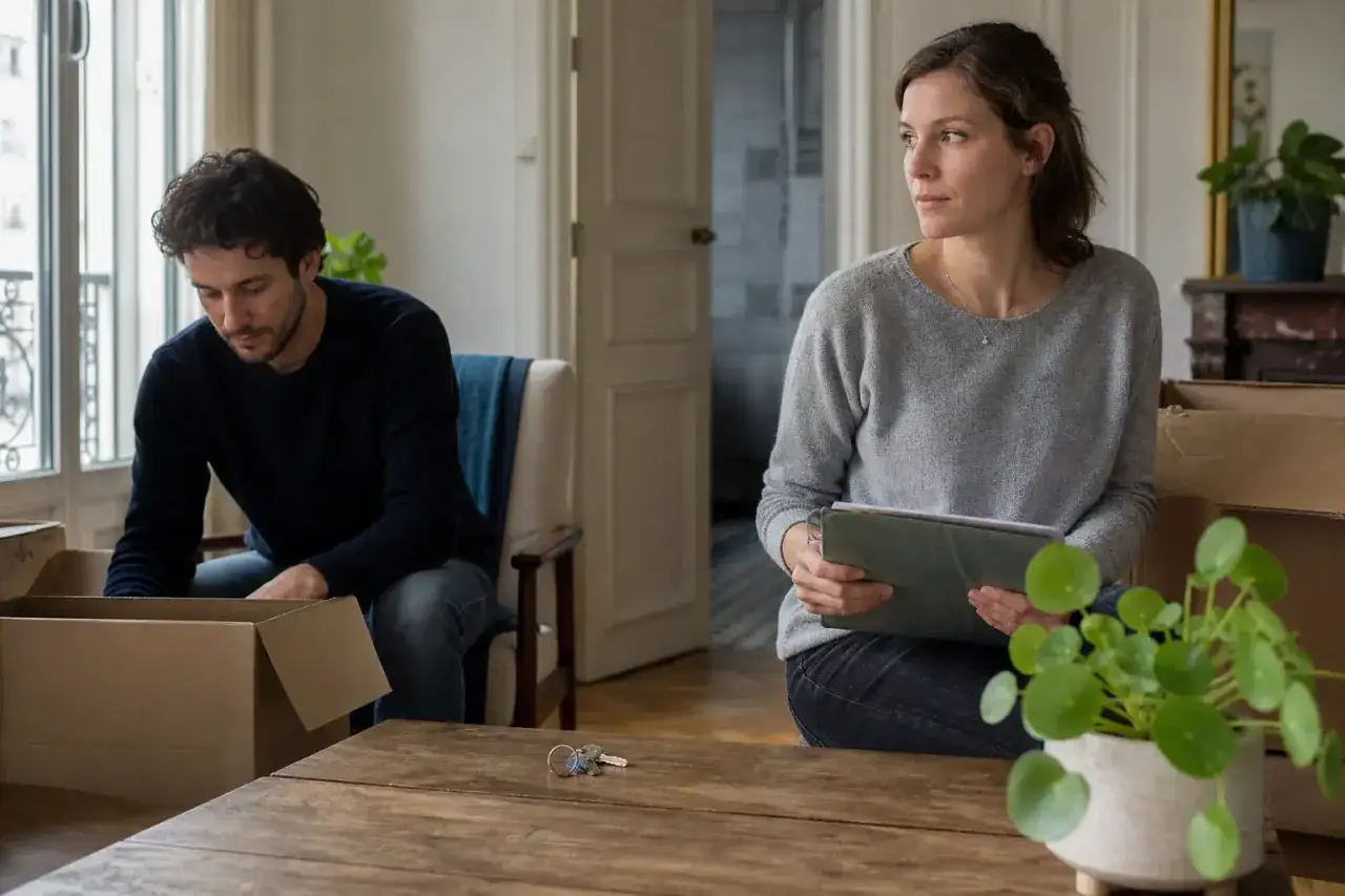 Un couple fait ses cartons, signe d'une séparation. Le bail aux 2 noms sera bientôt résilié.