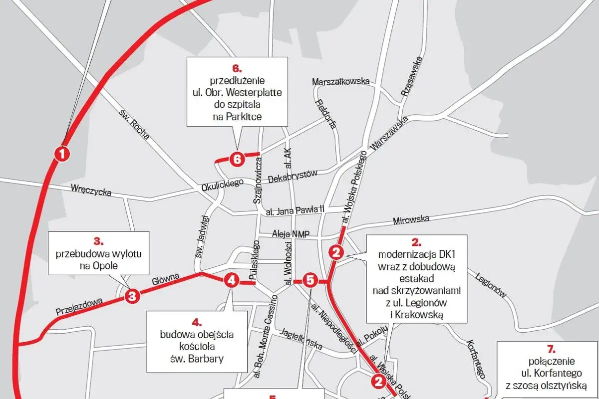 Mapa drogowa z zaznaczonymi inwestycjami, w tym modernizacją DK1 i budową obwodnicy. To fragment drogi do Częstochowy.