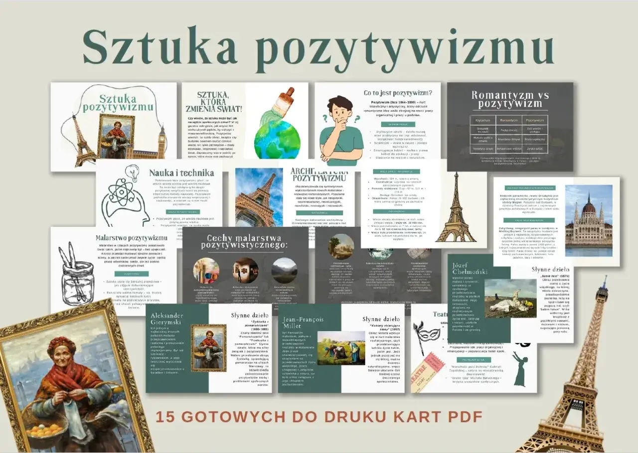 Sztuka pozytywizmu: nauka, technika, malarstwo i architektura. Filozofia pozytywizmu skupia się na faktach i doświadczeniu, odrzucając metafizykę.